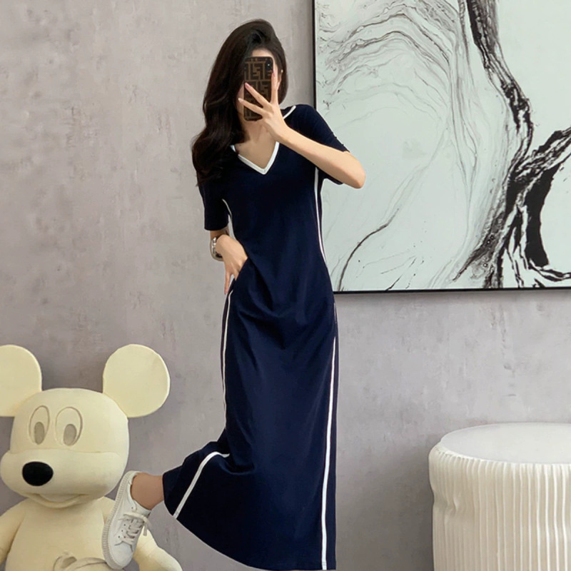Summer Waist-Cinching Slimming Polo Collar Sports Casual Dress for Women, Ultra-Long Over-The-Knee Elegant T-Shirt Dress That Reaches the Ankles
