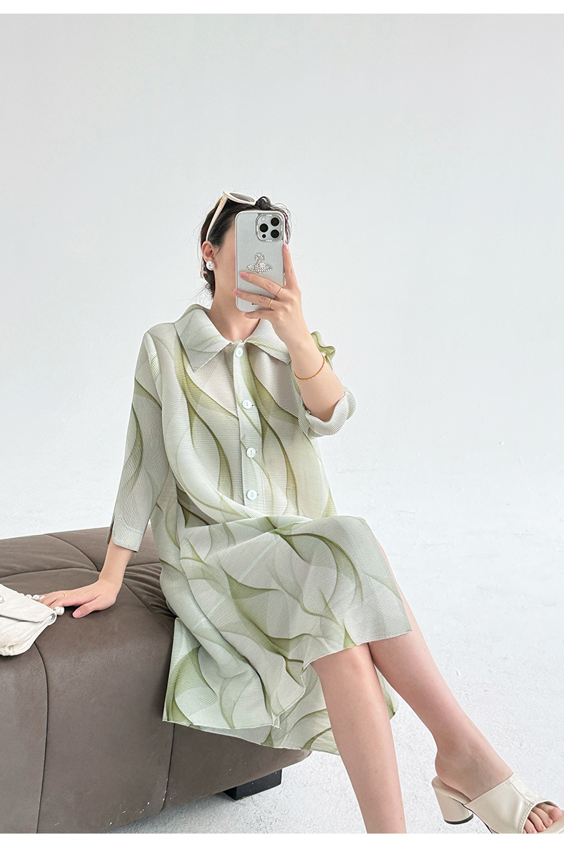 Váy maxi nữ thắt eo họa tiết vẽ mực phong cách lạnh giá — Màu xanh lục nhạt chi tiết 15