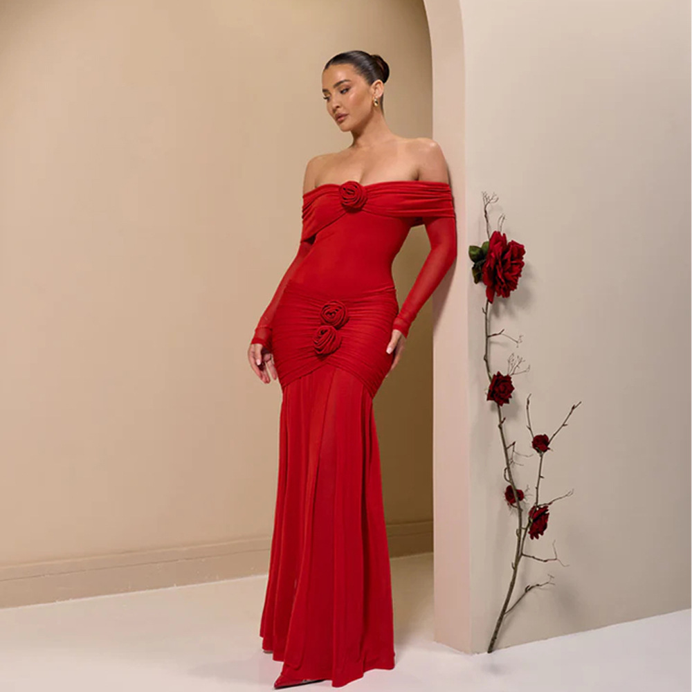Cross-Border European and American Women's Clothing Autumn New Fashion Flower Decoration Sexy One-Shoulder Pleated Slim Hip-Hugging Dress