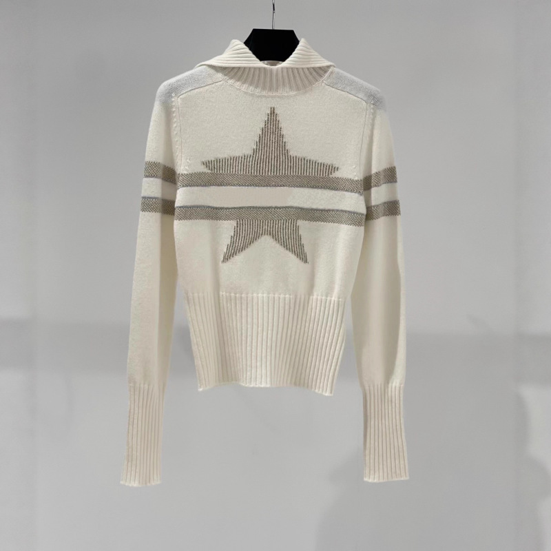 2025 Autumn/Winter Letter and Star Jacquard Half-Open Collar Slim Fit Cashmere Zipper Knit Cardigan Top