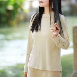 国风圆领棉内搭上衣女2025秋季新品减龄气质中式袖子刺绣打底衫