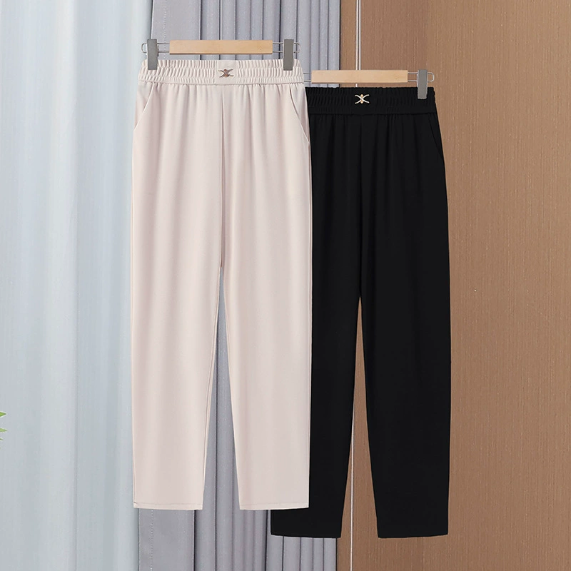 Дропшиппинг, летние прямые брюки для мам, тонкие женские брюки среднего возраста с эластичной резинкой на талии, однотонные дышащие крутые брюки, укороченные брюки