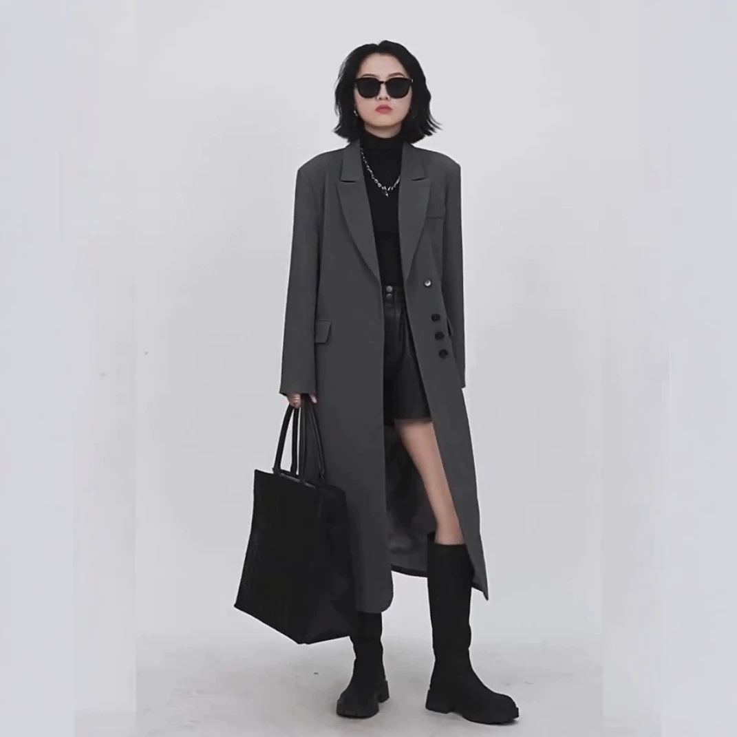 【In-stock and ready to ship】9056 Spring and Autumn Plus-size Women's Fashion Coat with Suit Collar, Mid-length Trench Coat