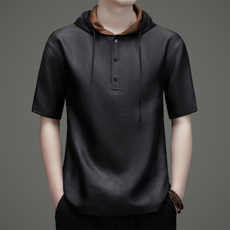 100% Tut İpeği Xunxiao Krekle Rahat Başlıklı T-shirt Erkek Yaz Geyimi