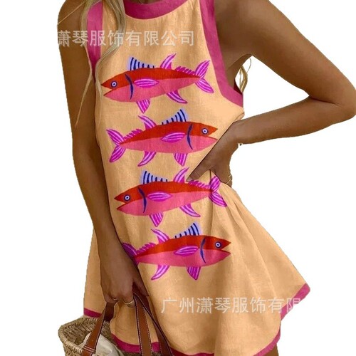 Spring Independent Store New European and American Women's Clothing Ocean Creatures Loose Sleeveless Medium Length Dress