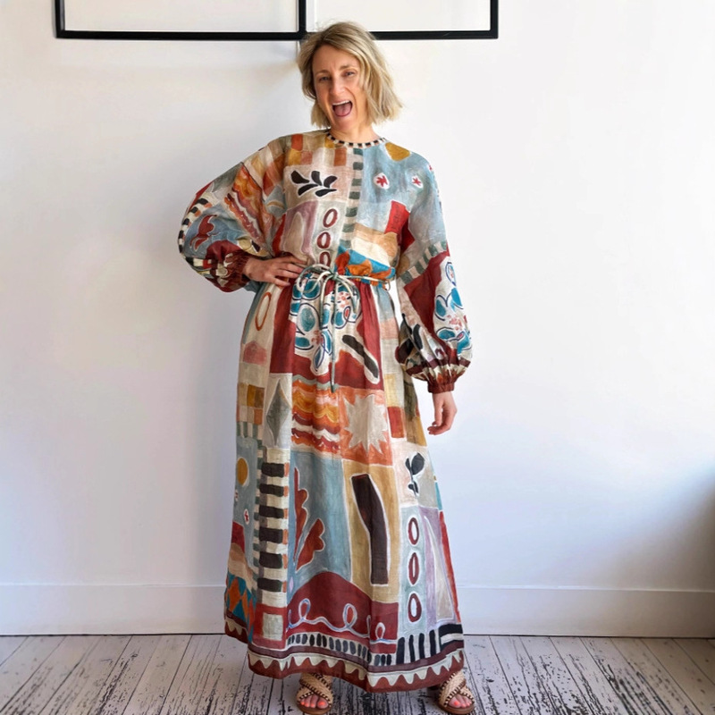 European and American Cross-Border 2025 New Aliexpress Amazon Independent Station Casual Fashion Linen Graffiti Print Dress European and American Cross-Border 2025 New Aliexpress Amazon Independent Station Casual Fashion Linen Graffiti Print Dress