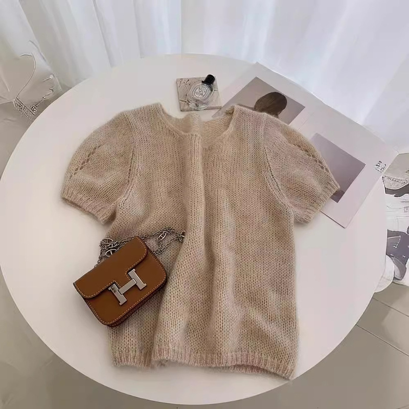 New High-End Gentle Style Soft Waxy Mohair Puff Sleeve Short Style Sweater Short-Sleeved Top for Women