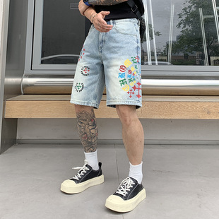 Niaojia Elements 2025 Summer New Fashion Ethnic Style Printed Denim Shorts Loose Straight Mid-Length Trendy Men's Pants