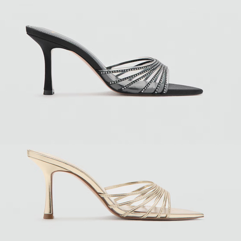 Sandals for Women with Open Toes, 2026 Summer New Women's Shoes, Pointed Toe Stiletto Heels, Mules with Rhinestones, Slip-On Slippers for Women to Wear Outside
