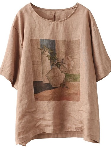 2025 Retro Print Linen Top for Women, Loose and Comfortable, Hides Fat, Slimming Linen Casual Short-Sleeve T-shirt