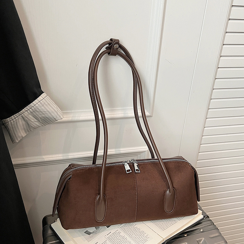 Korean Style Retro Suede Shoulder Baguette Bag For Women, High-End Large Capacity Underarm Bag, Trendy Versatile Handbag