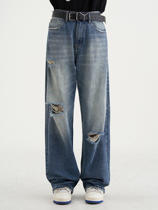Summer Thin Elastoelastic Waist Trendy Ripped Jeans Men's Straight All-match Loose Casual Pants oversize Pants