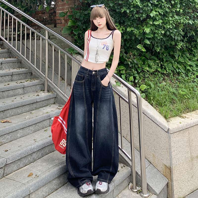 批发美式复古刺绣弯刀阔腿牛仔裤女高腰直筒宽松拖地裤代发|undefined