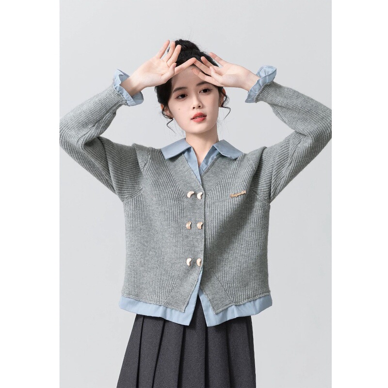 2025新款假两件毛衣外套女春秋新款POLO领衬衫拼接针织开衫短上衣|undefined