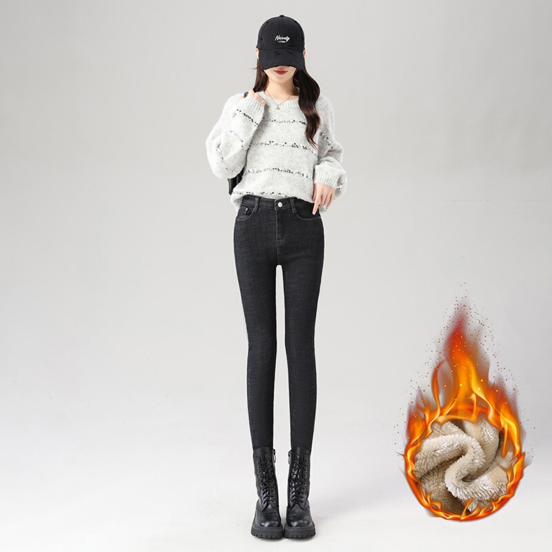 Fleece-Lined Thickened Women's Jeans for Autumn and Winter 2025, New High-Waisted, Warm, Slimming, Skinny Pants for Outdoor Wear