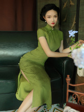 绿色旗袍2024年新款复古年轻款少女改良气质老上海中国风长款夏季