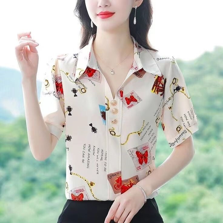Plus-Size High-End Women's Fashion Printed Shirt 2026 Summer New Loose T-Shirt Short-Sleeve Cover-Up Blouse