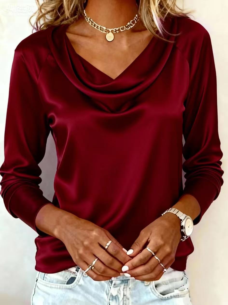 Women's Draped Neck Blouse - Oversized Long Sleeve Shirt For Work & Casual (S-XXL, 5 Colors)_voghion.com