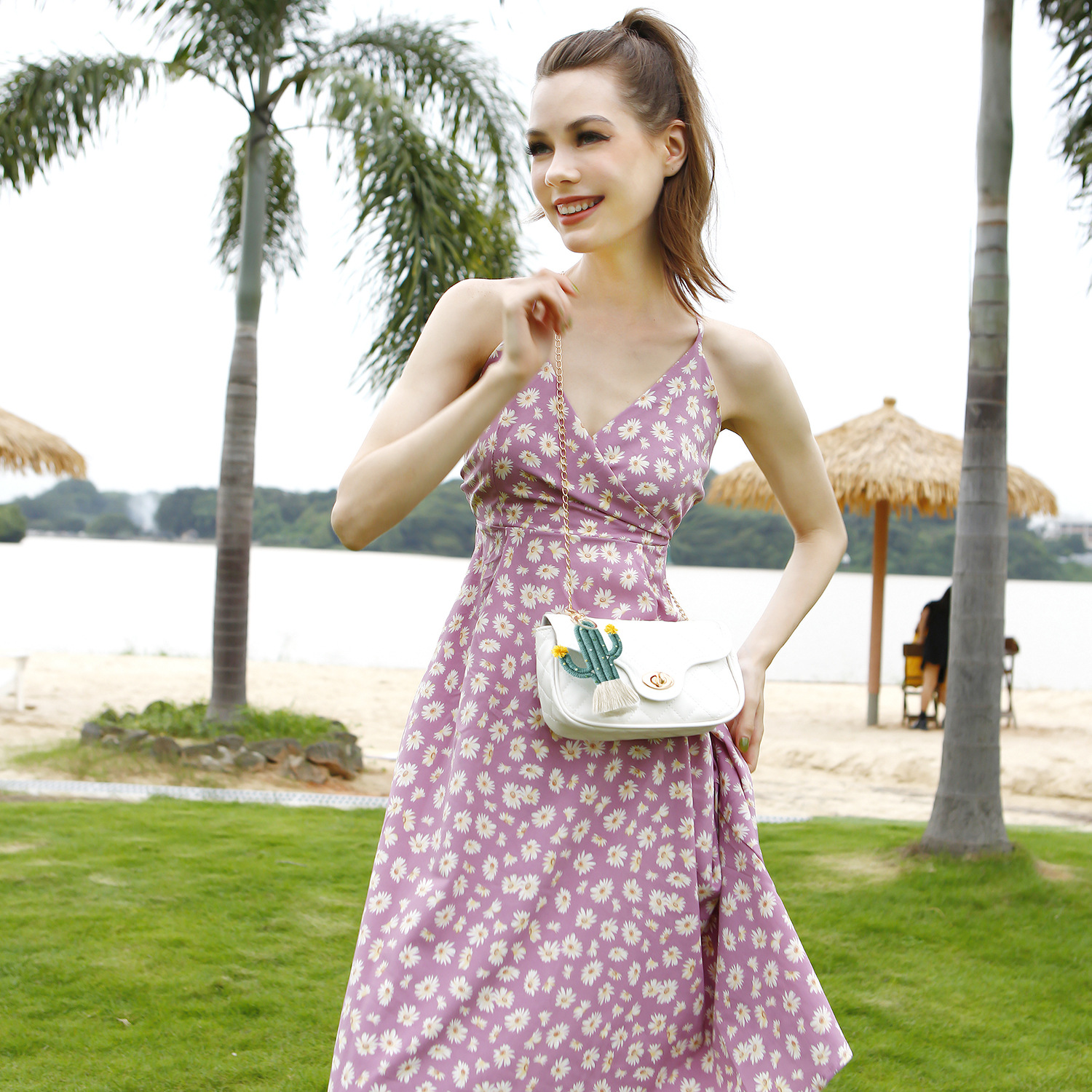 Verde planta cactus llavero bohemio arroz cuentas tejidas a mano hecho a mano de alto sentido bolsa colgante