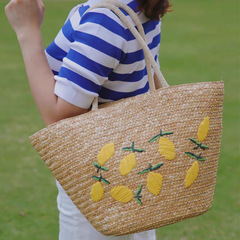 Summer large-capacity lemon embroidered beach bag hand-woven bag shoulder bucket bag women's wheat braided straw bag