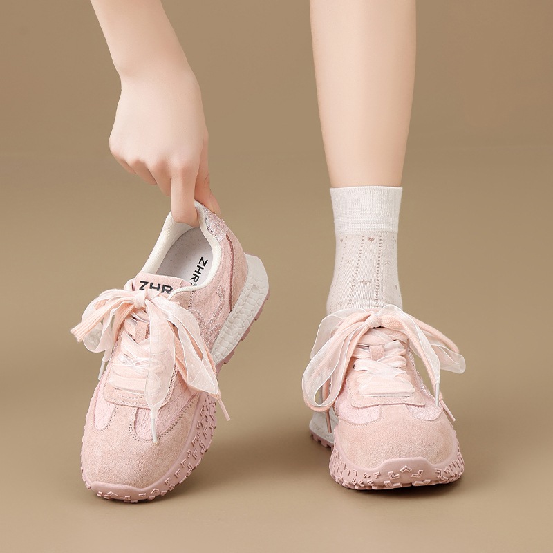 Giày sneaker nữ đế dày cổ điển mũi tròn dây buộc phong cách Đức huấn luyện — Màu hồng