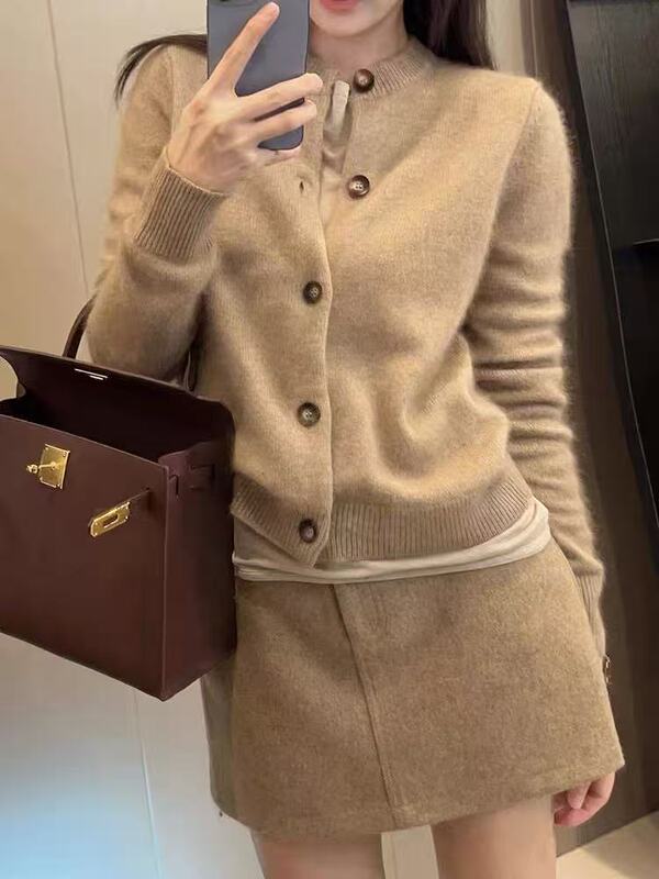 100纯羊毛短款开衫女式圆领针织外套秋冬新款复古风洋气软糯上衣|undefined