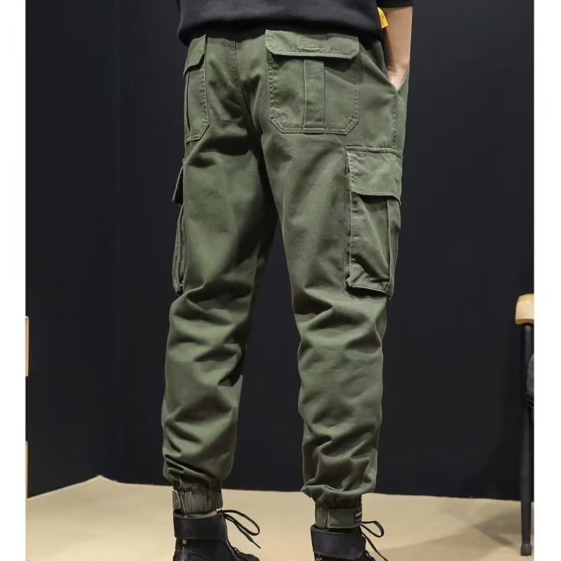 Monos de cintura elástica con múltiples bolsillos, pantalones sueltos de talla grande resistentes al desgaste para hombres, pantalones de trabajo verde militar, pantalones con pies de sitio de construcción