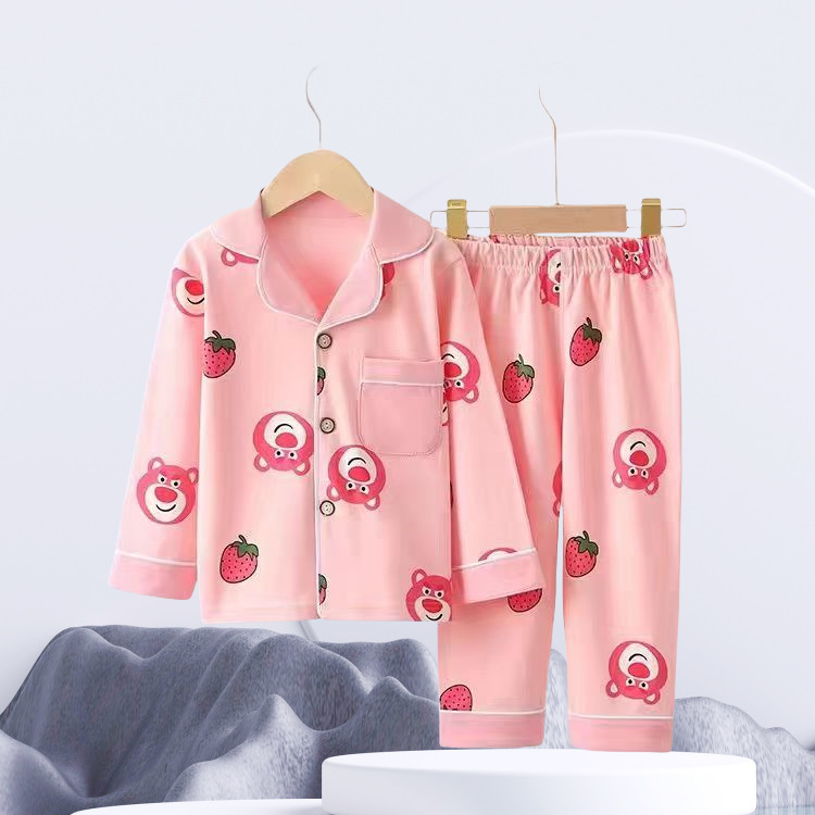 Spring and Autumn 100 Cotton Children's Pajamas Boys and Girls Lapel Fashion Cartoon Loose Long Sleeve Baby Home Clothes