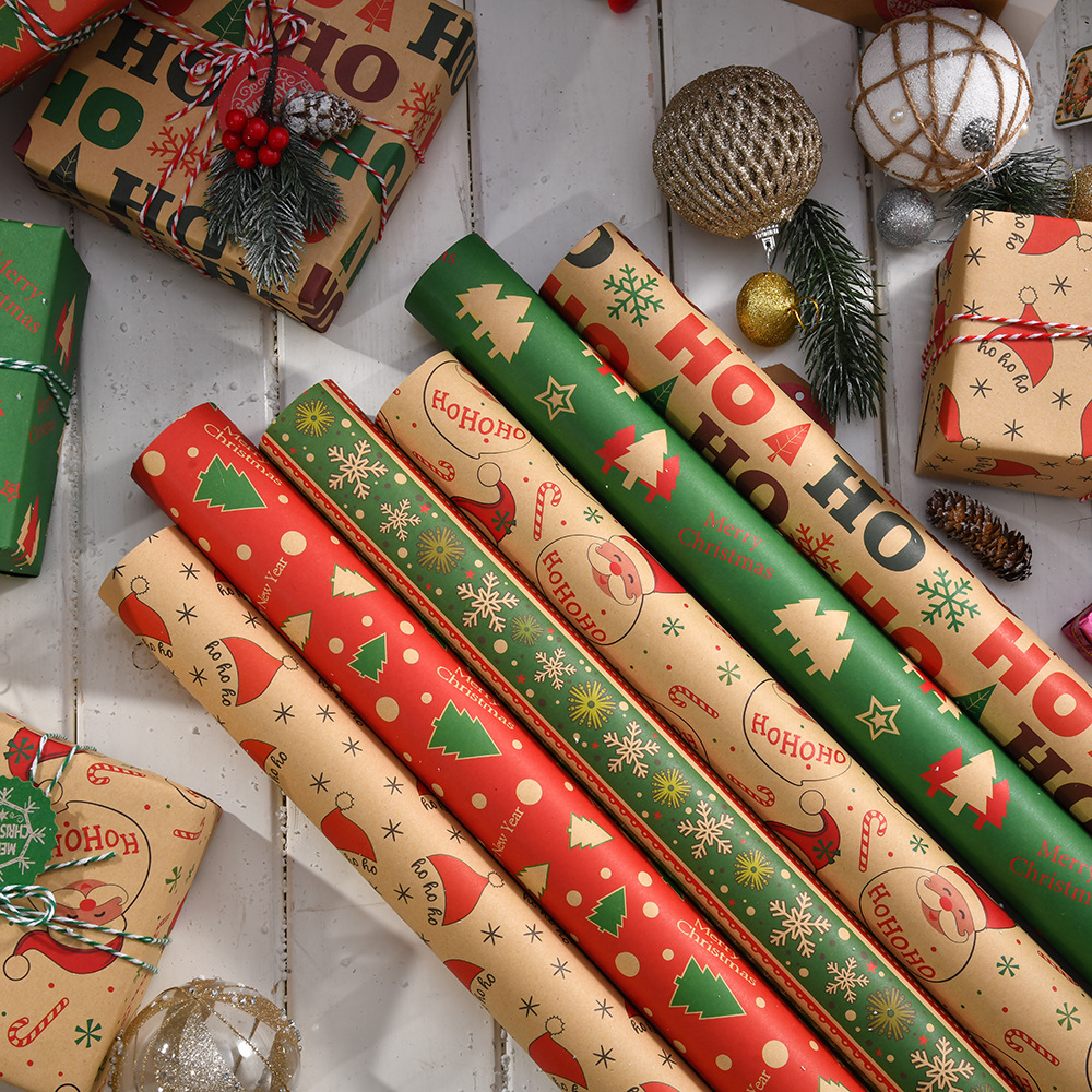 Nuevo papel de embalaje kraft retro DIY papel de embalaje de regalo de Navidad muñeco de nieve campana papel de regalo de árbol de Navidad
