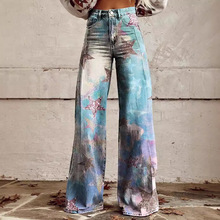 2024夏季花纹薄款喇叭裤 外贸热销防牛仔裤 潮流热销阔腿裤女外贸