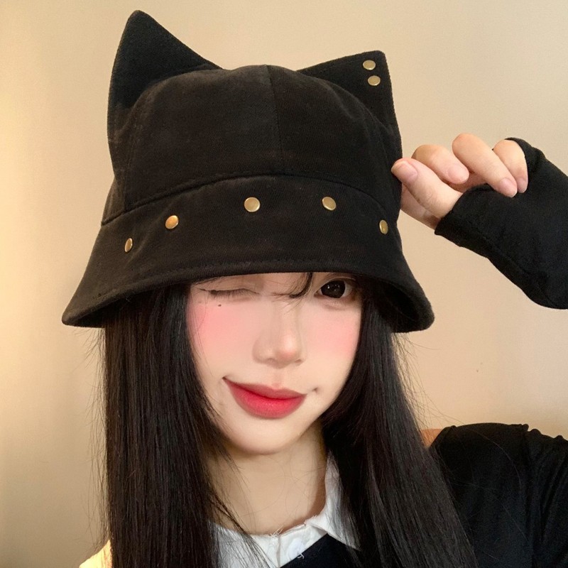 小众个性猫耳朵铆钉渔夫帽女可爱百搭盆帽大头围显脸小水桶帽子潮|undefined