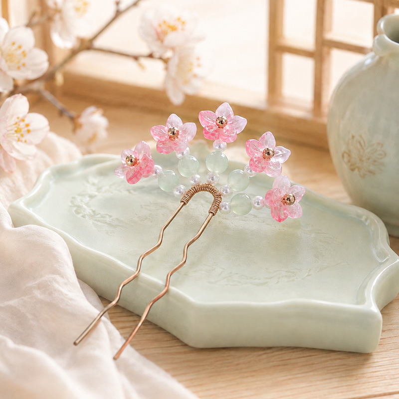 汉服清新花朵发钗对钗古风渐变小花掩鬓U钗簪子挽发簪点缀饰品