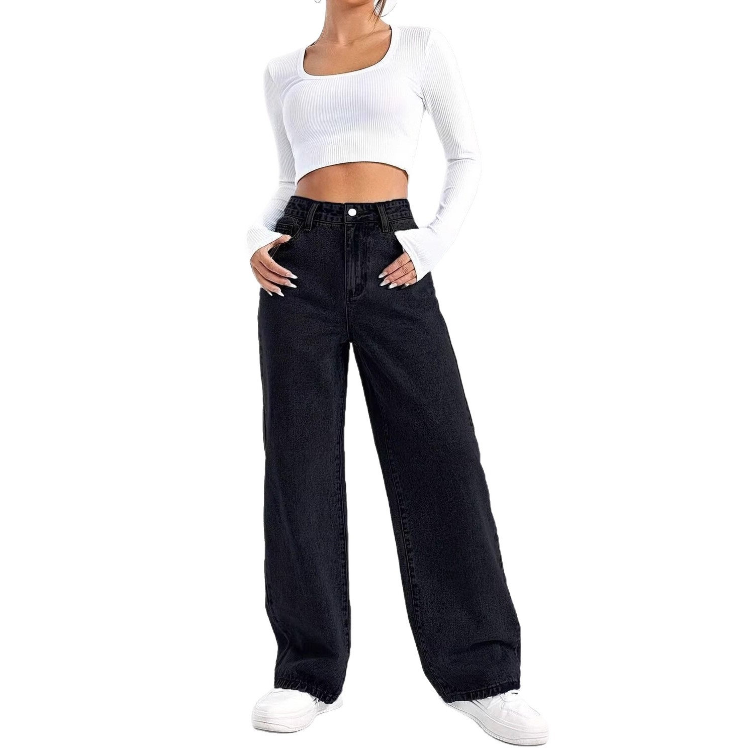 High-Waisted Straight Leg Jeans Women's Loose Fit Wide Leg Pants Solid Color European American Style Petite Size Autumn Winter_ecoleips.com