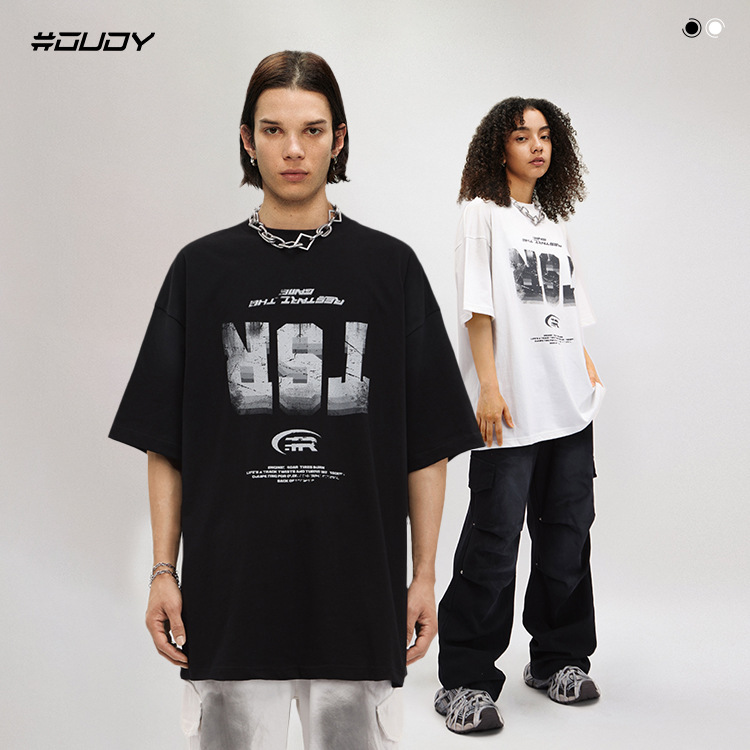 # OVDY 230G Heavy Base Shirt Street National Fashion Brand Creative Text Inverted Pattern Loose Fashion Short Sleeve T-shirt