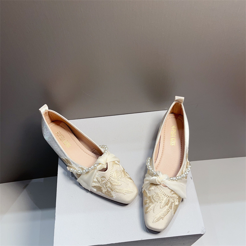 Retro New Chinese Style Elegant Pearl Thick Heel Shoes Women's Spring New All-match Satin Square Toe Mary Jane Women's Shoes