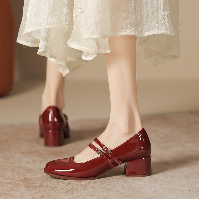 Free Shipping Single Shoe, Chunky Heel Mary Jane High-Heeled Leather Shoes, Retro Women's Shoes, Red Bridal Engagement Shoes
