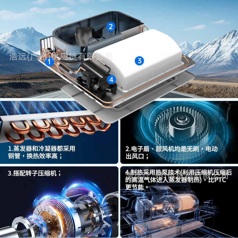 Heat Pump Type Parking Air Conditioner 24V 2400W Heating Capacity for Rvs, Camping Vehicles, Electric Rooftop-Mounted Automotive Air Conditioner