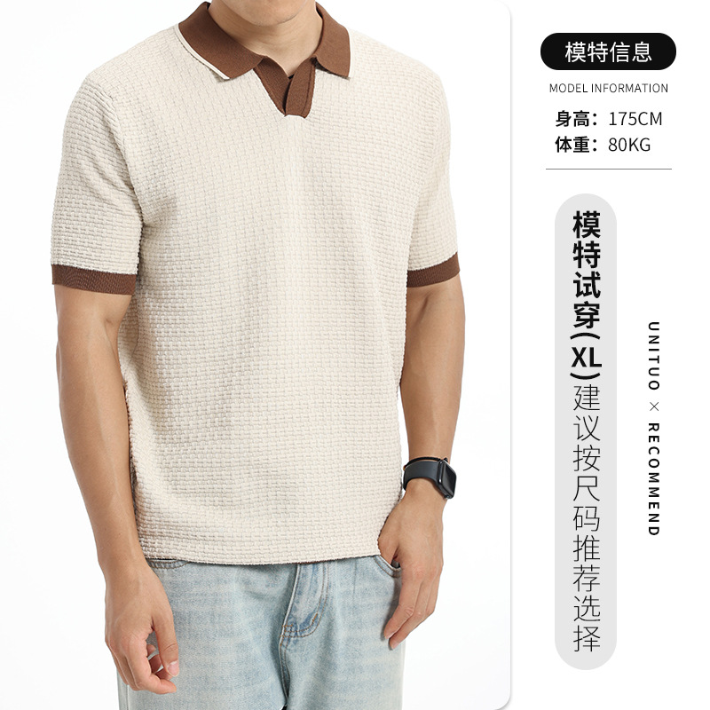 Hombres de alto nivel de seda de hielo gaviota cuello polo camiseta de manga corta hombre cuello en V contraste waffle jersey de negocios camiseta casual