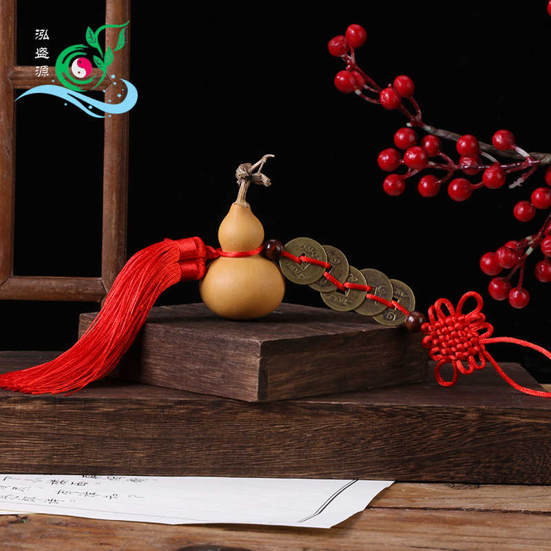 Hand-tumbled Five Emperors Coins Gourd Pendant with Chinese Knot Craftsmanship, Wholesale Five Emperors Coins Gourd Pendant Ornament