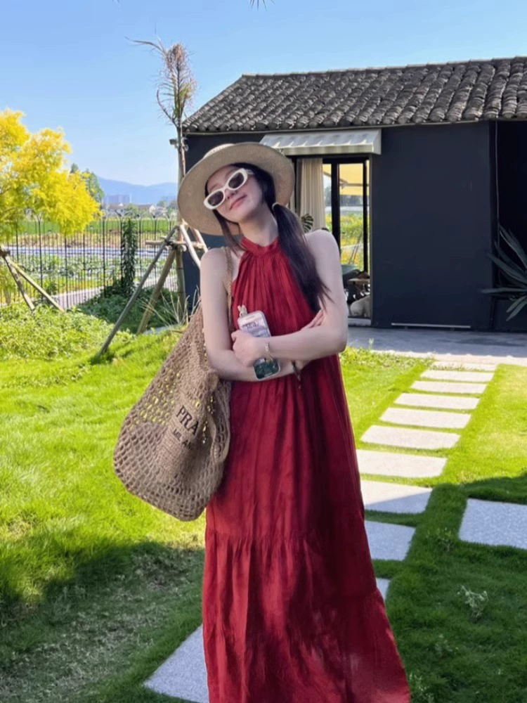 Новый китайский стиль ретро национальный стиль жаккардовый красный навесное платье женский летний пляж праздник темперамент длинная юбка