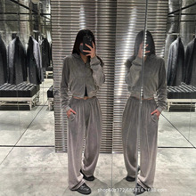 正确版2026早春新款小众套装丝绒材质水晶烫钻连帽开衫卫衣裤子女
