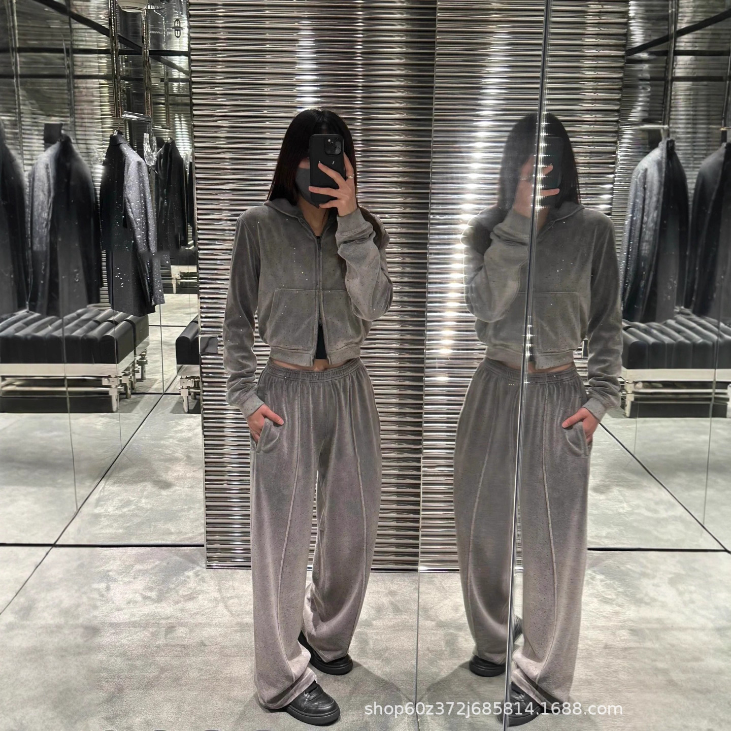 正确版2026早春新款小众套装丝绒材质水晶烫钻连帽开衫卫衣裤子女