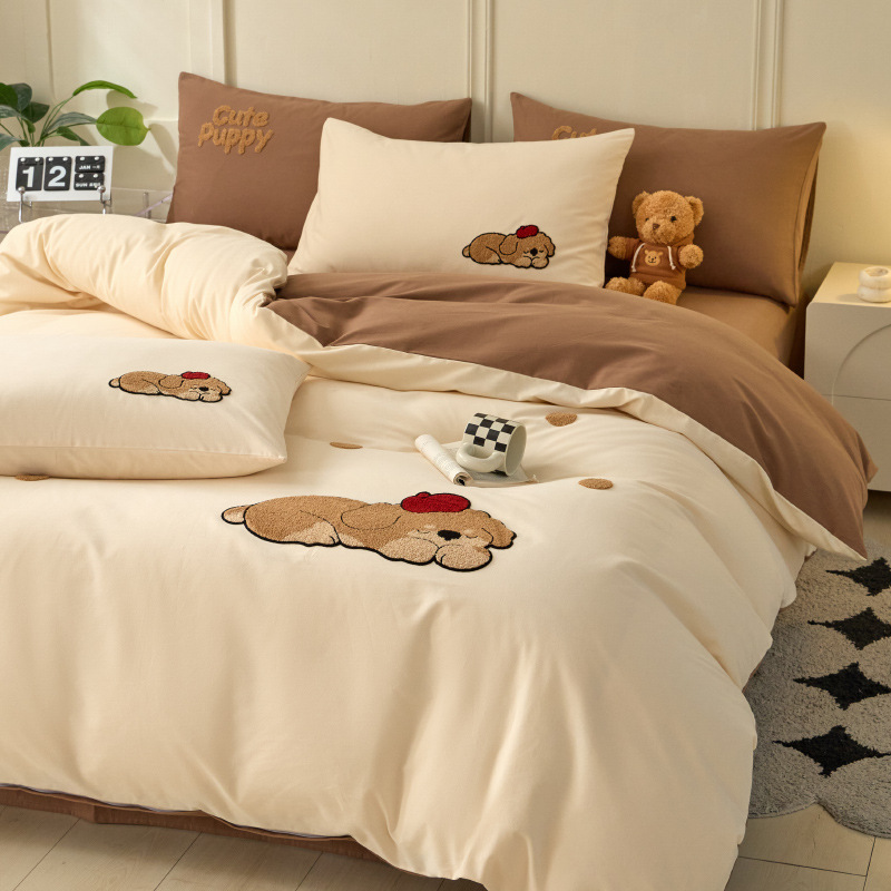 Autumn and Winter A Cotton Thickened Sanding Bed Four-piece Set 100 Cotton Towel Embroidered Cartoon Quilt Cover Bed Sheet Bedding