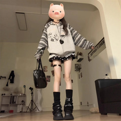 日系亚比hellokitty连帽卫衣外套女早秋帽衫宽松条纹拼接开衫上衣
