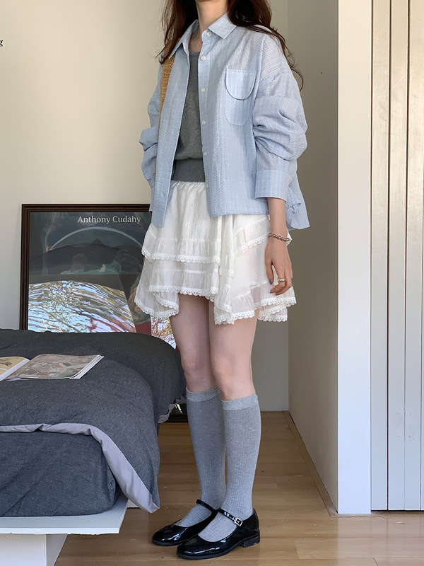 蓝色肌理感长袖衬衫女秋季2025新款韩版宽松百搭单排扣衬衣上衣|undefined