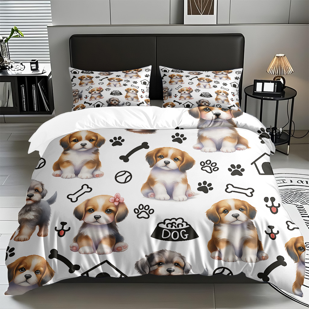 Fábrica de origen transfronteriza textil doméstico TEMU / JIT suave piel abrasiva caricatura cachorro impresión digital set edredón