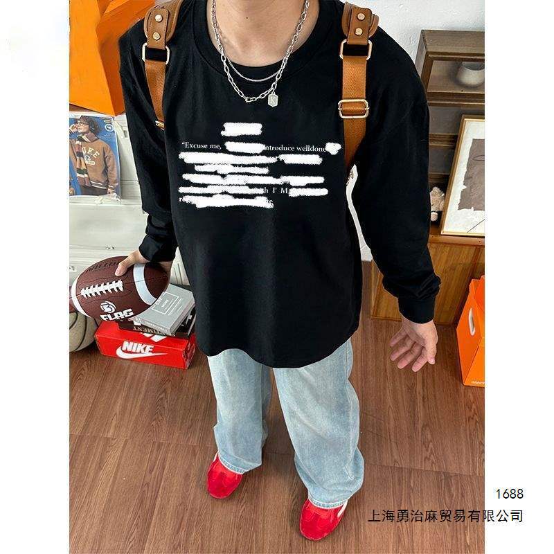 Chinese-style casual oversized hand-painted letter graffiti print long-sleeve t-shirt for men and women, loose and versatile base shirt Chinese-style casual oversized hand-painted letter graffiti print long-sleeve t-shirt for men and women, loose and versatile base shirt