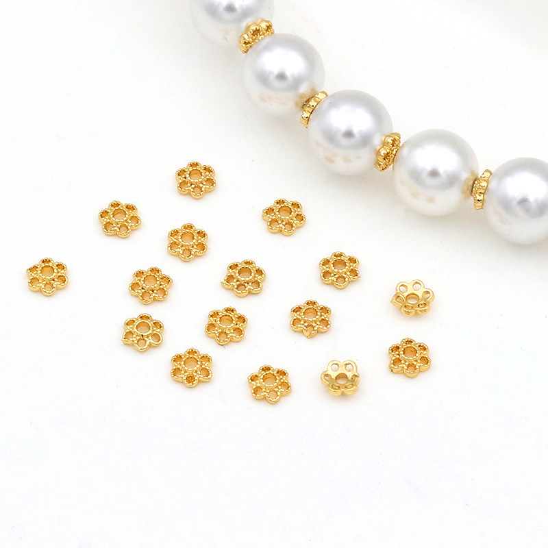 14k gold-plated color-retaining copper six-petal flower hollow flower cap flower holder beaded bracelet necklace DIY jewelry accessories C02