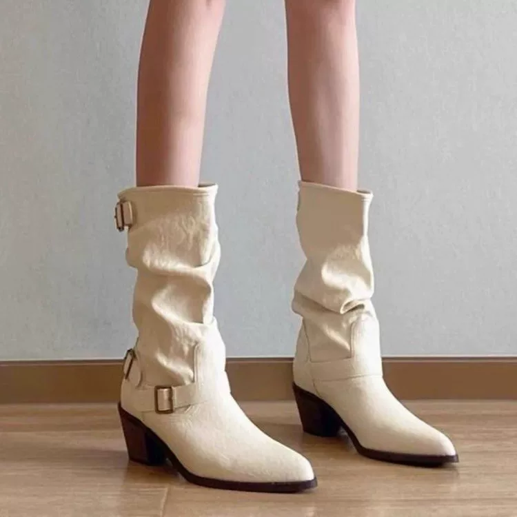 Сапоги до середины голени (Martens) с пряжкой, зауженный носок, бежевые, массивный каблук — 35–42
