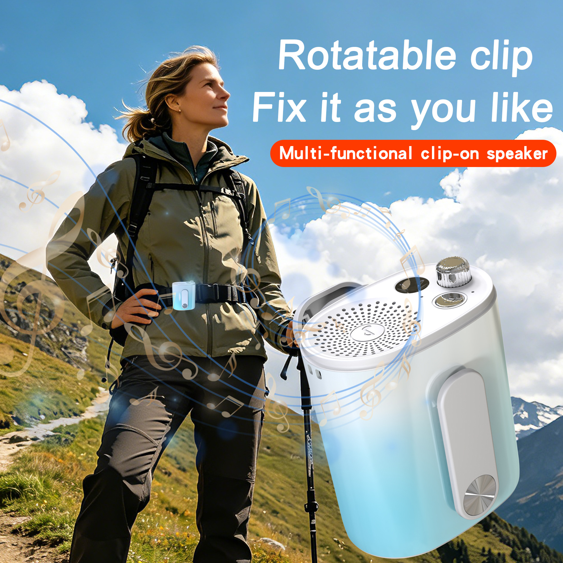 New model rotatable multifunctional clip-on Bluetooth speaker with high sound quality, subwoofer, and strong light for outdoor cycling